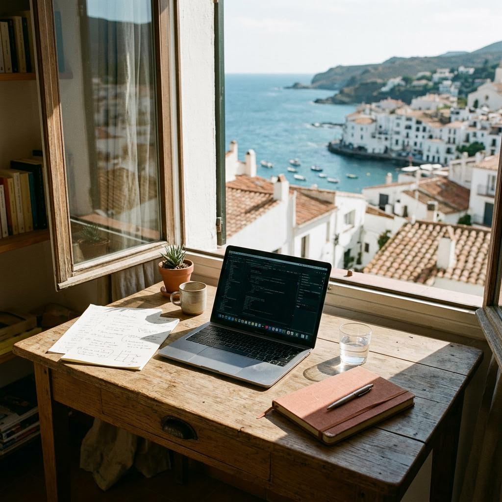Laptop and planning notes on a sunlit desk overlooking a coastal town