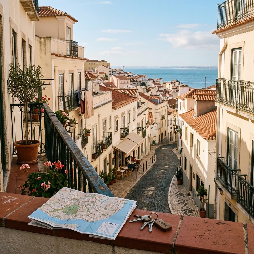 Sunlit Lisbon neighborhood and sea viewed from a balcony with a map and keys in the foreground