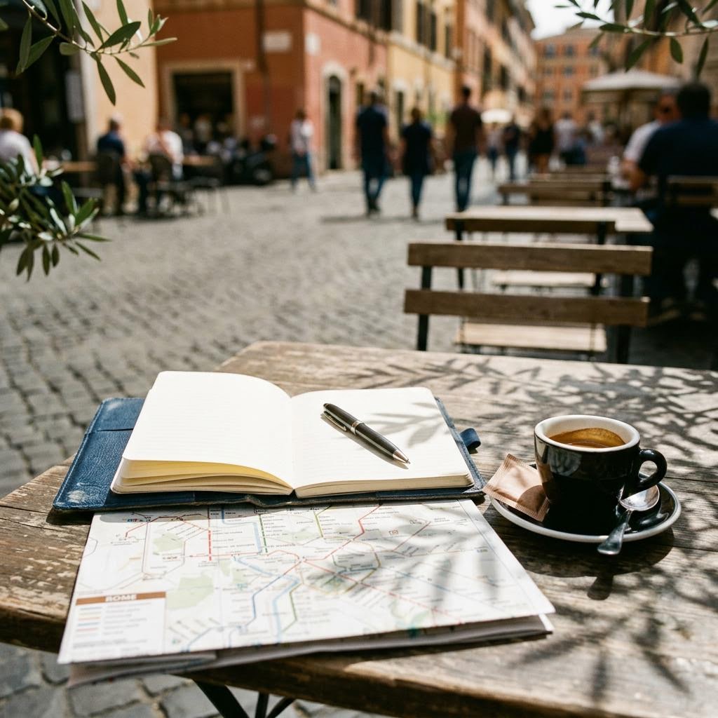 Field notes and coffee in the afternoon sun