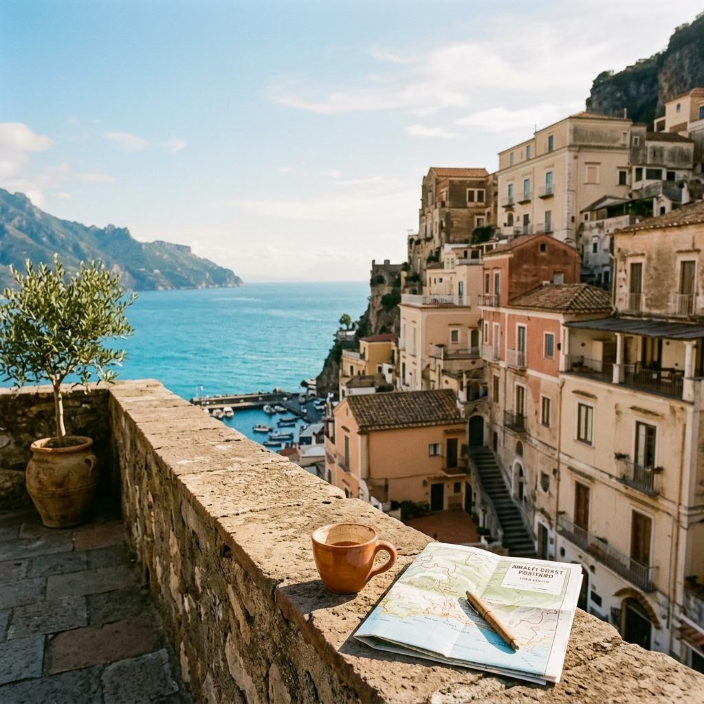 Sunlit coastal town overlooking the sea