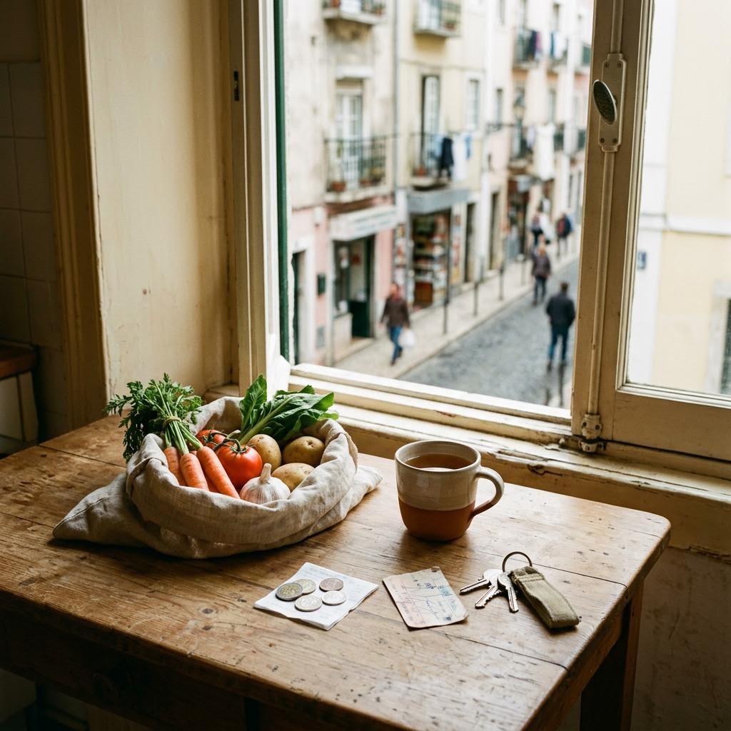Everyday groceries, coins, transit ticket and keys on a kitchen table overlooking a city street